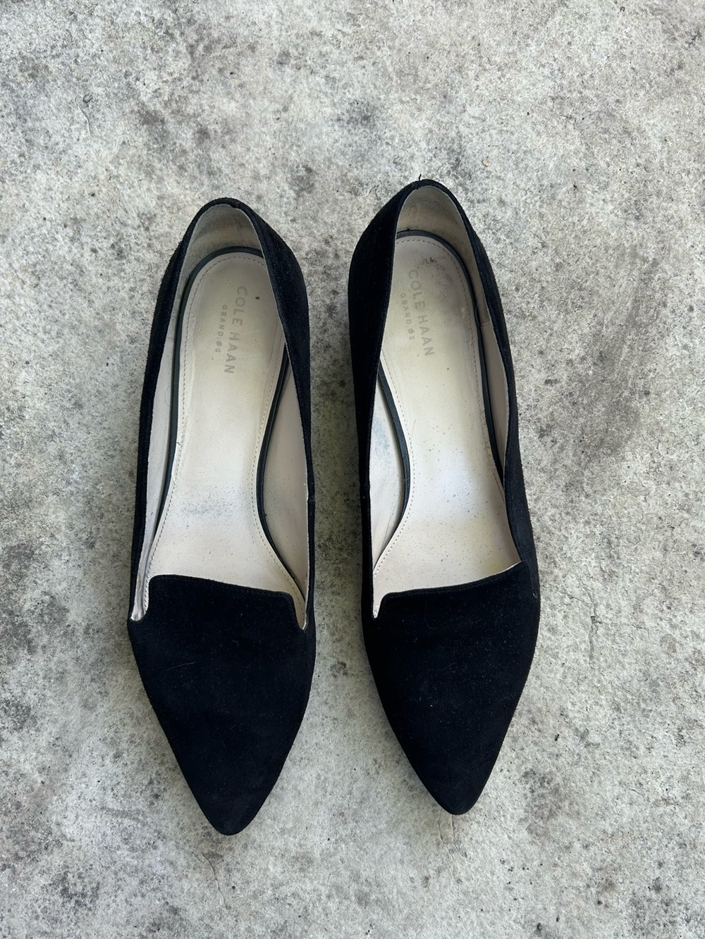 Cole Haan black Suede pointed toe flat, size 9.5